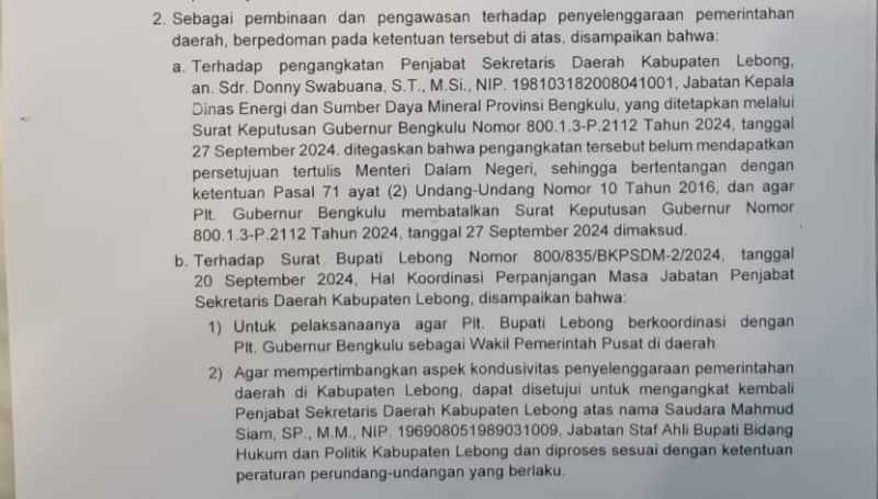 Resmi, Kemendagri Anulir SK Doni Swabuana Sebagai Pj Sekda Lebong Resmi, Kemendagri Anulir SK Doni Swabuana Sebagai Pj Sekda Lebong
