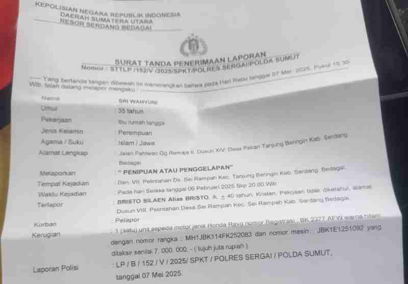 IRT Lapor Polres Sergai, Sepeda Motor Diduga Digelapkan BTS IRT Lapor Polres Sergai, Sepeda Motor Diduga Digelapkan BTS