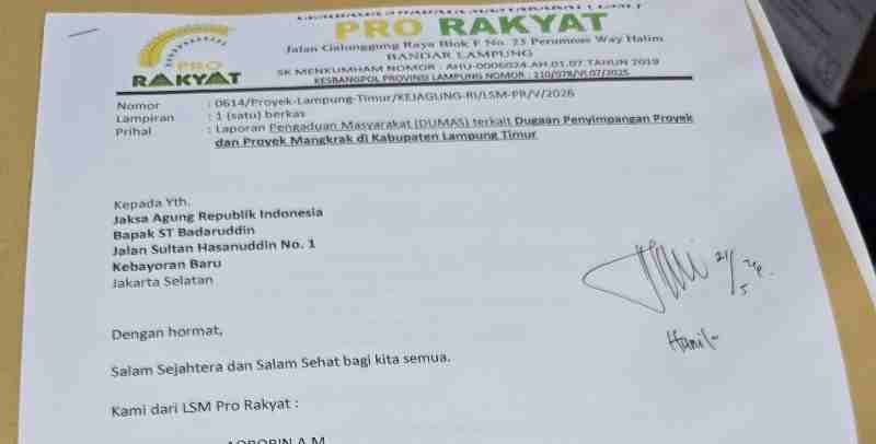 Proyek Puluhan Miliar Mangkrak dan Terbengkelai, LSM PRO RAKYAT Resmi Laporkan ke Kejaksaan Agung RI Proyek Puluhan Miliar Mangkrak dan Terbengkelai, LSM PRO RAKYAT Resmi Laporkan ke Kejaksaan Agung RI